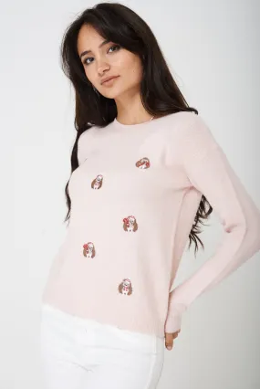 Hedgehog Print Fluffy Christmas Sweater Ex Brand