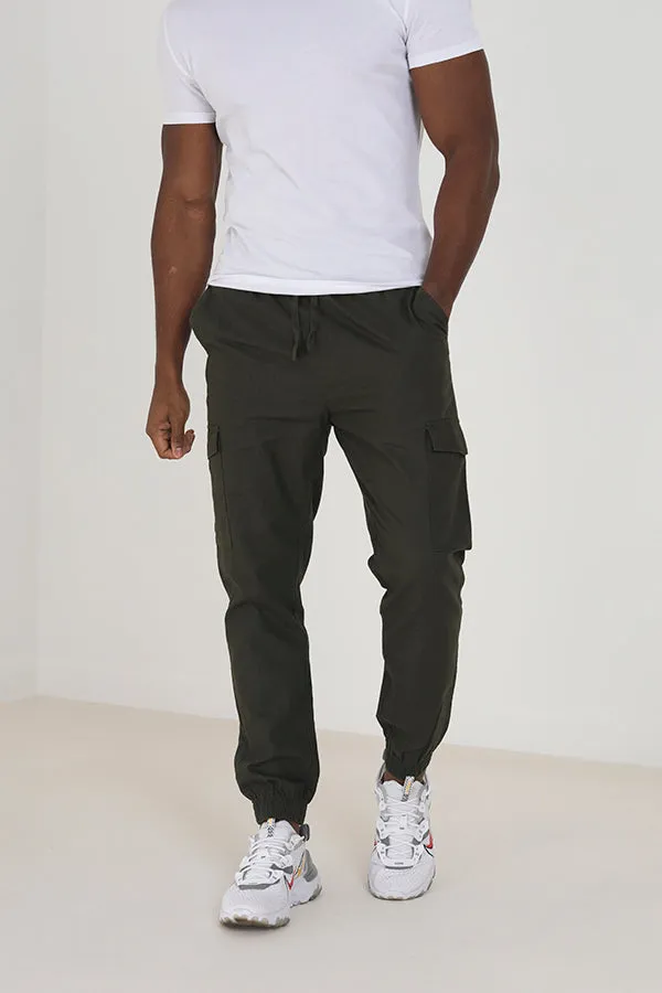 KHAKI COTTON/LINEN POCKET DETAIL CARGO TROUSERS