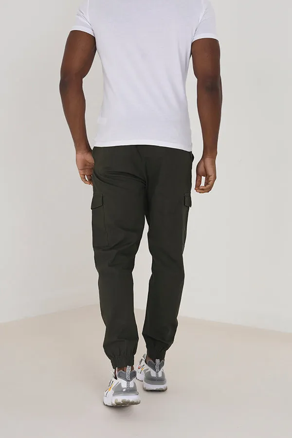KHAKI COTTON/LINEN POCKET DETAIL CARGO TROUSERS