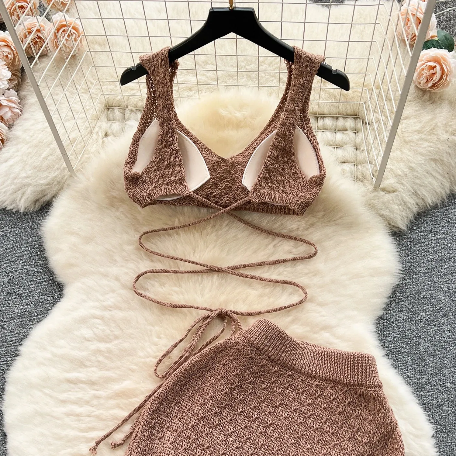 Knitted Top  Split Skirt - Two Pieces Set - multiple colors
