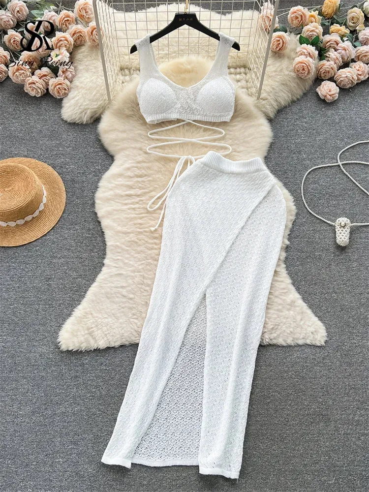 Knitted Top  Split Skirt - Two Pieces Set - multiple colors