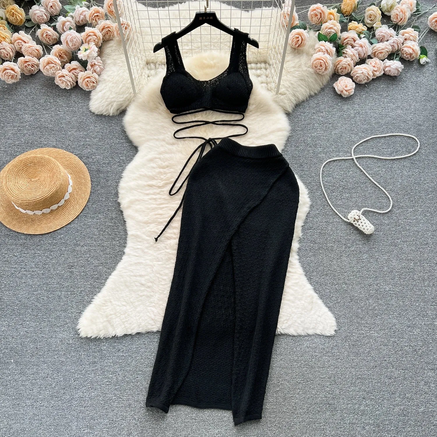 Knitted Top  Split Skirt - Two Pieces Set - multiple colors