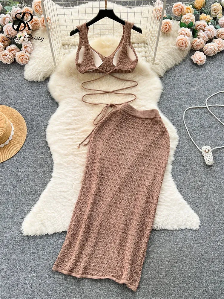 Knitted Top  Split Skirt - Two Pieces Set - multiple colors