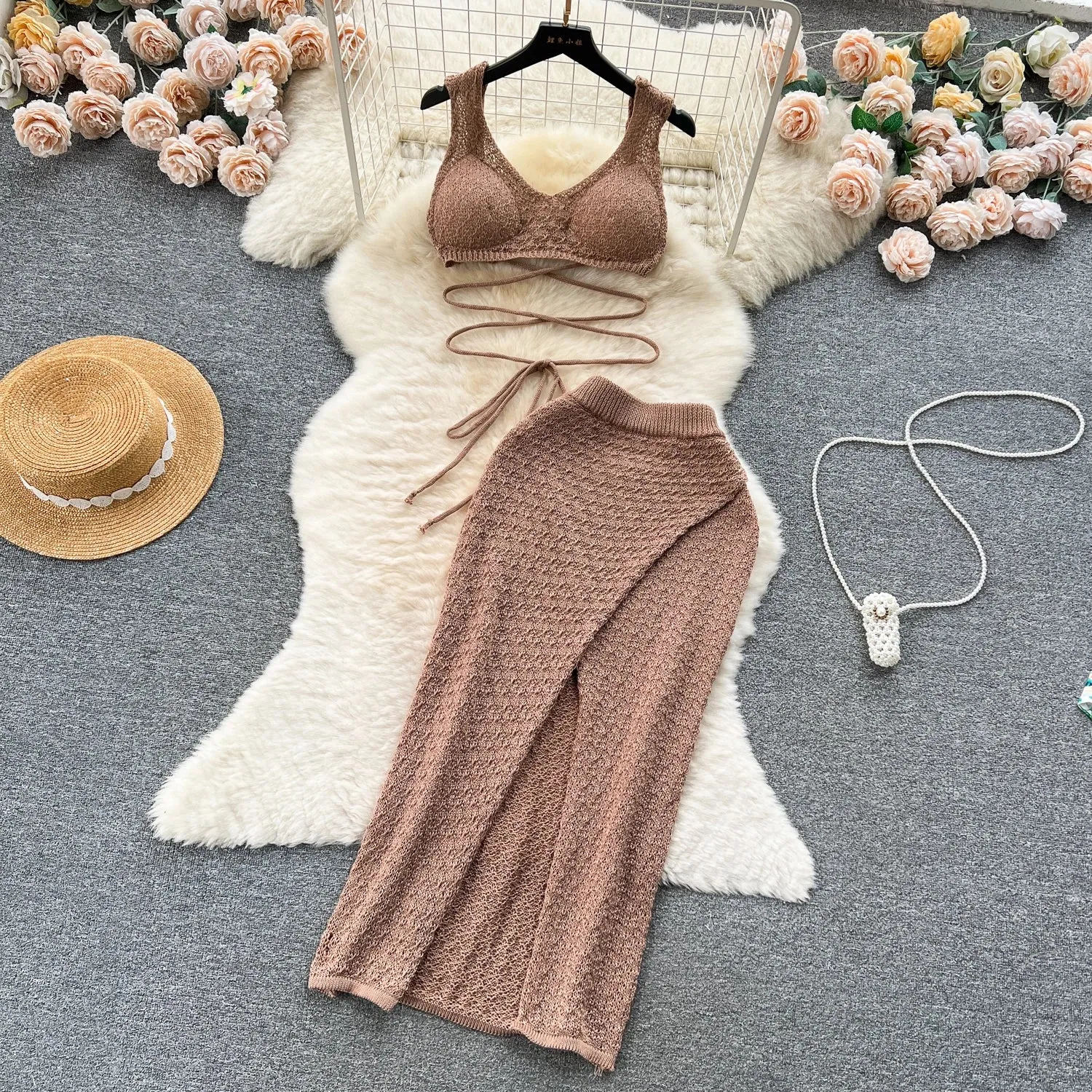 Knitted Top  Split Skirt - Two Pieces Set - multiple colors