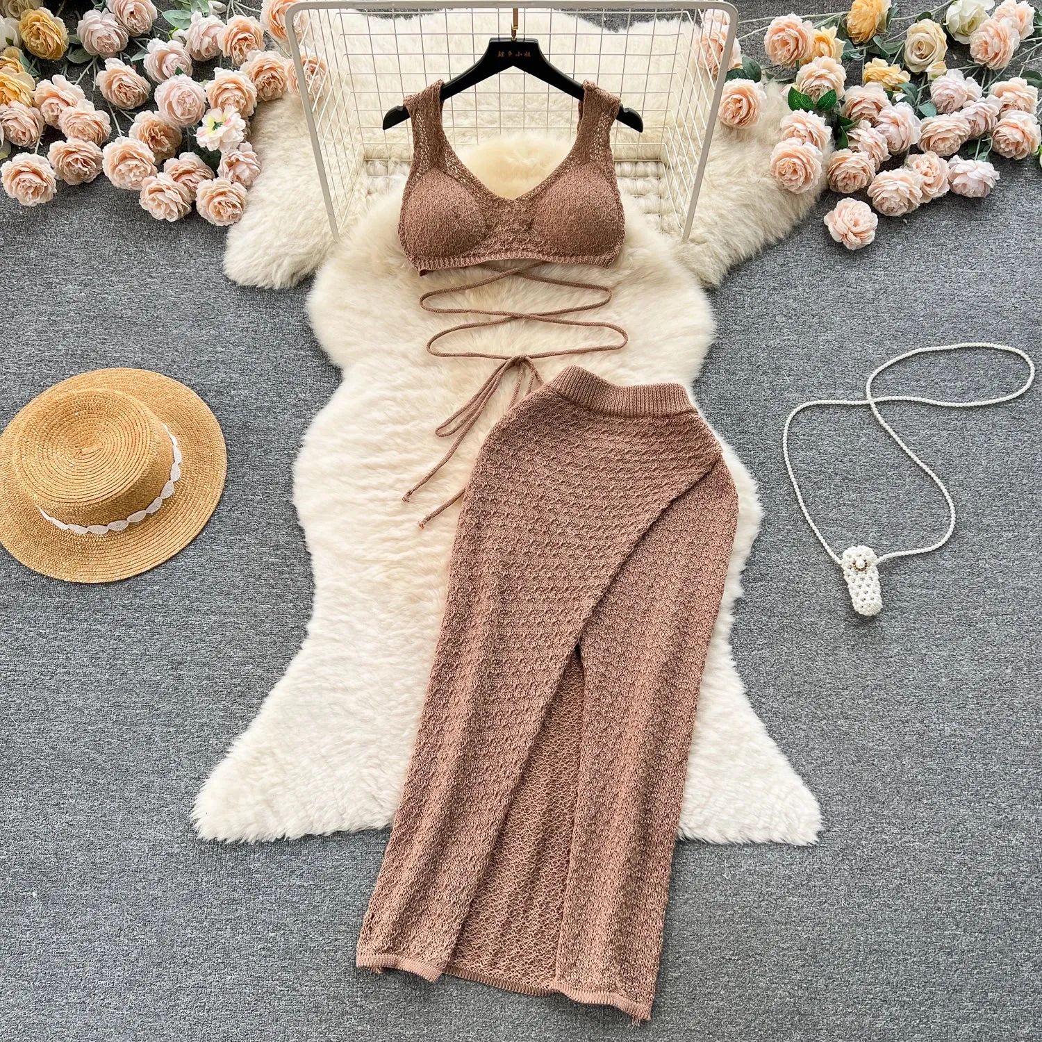 Knitted Top  Split Skirt - Two Pieces Set - multiple colors