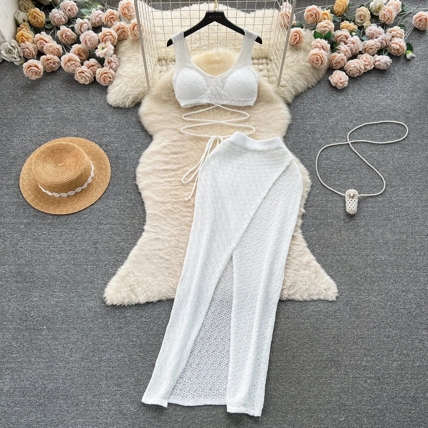Knitted Top  Split Skirt - Two Pieces Set - multiple colors