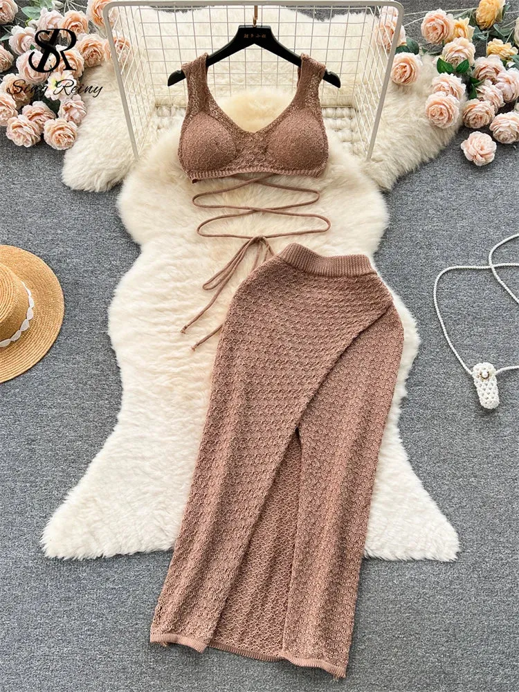 Knitted Top  Split Skirt - Two Pieces Set - multiple colors