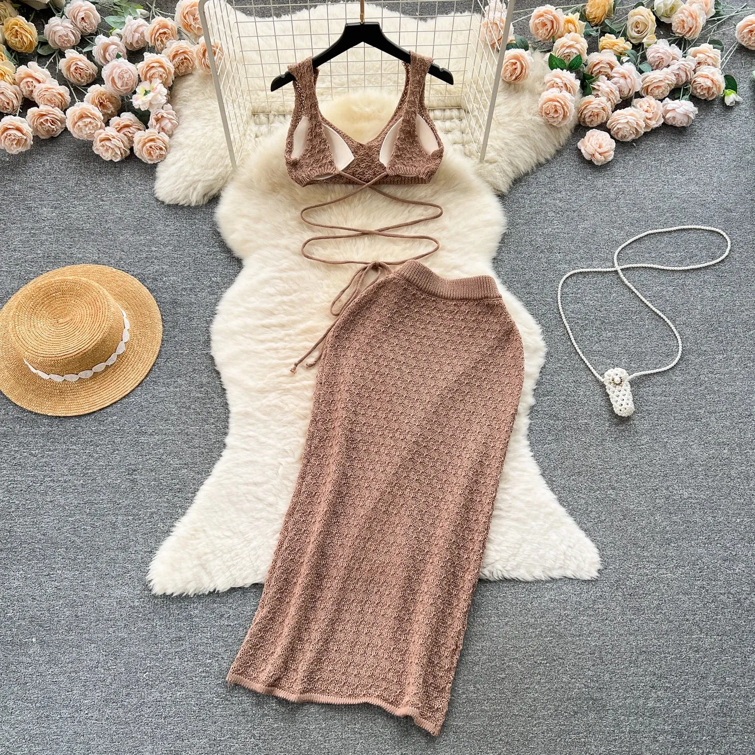 Knitted Top  Split Skirt - Two Pieces Set - multiple colors