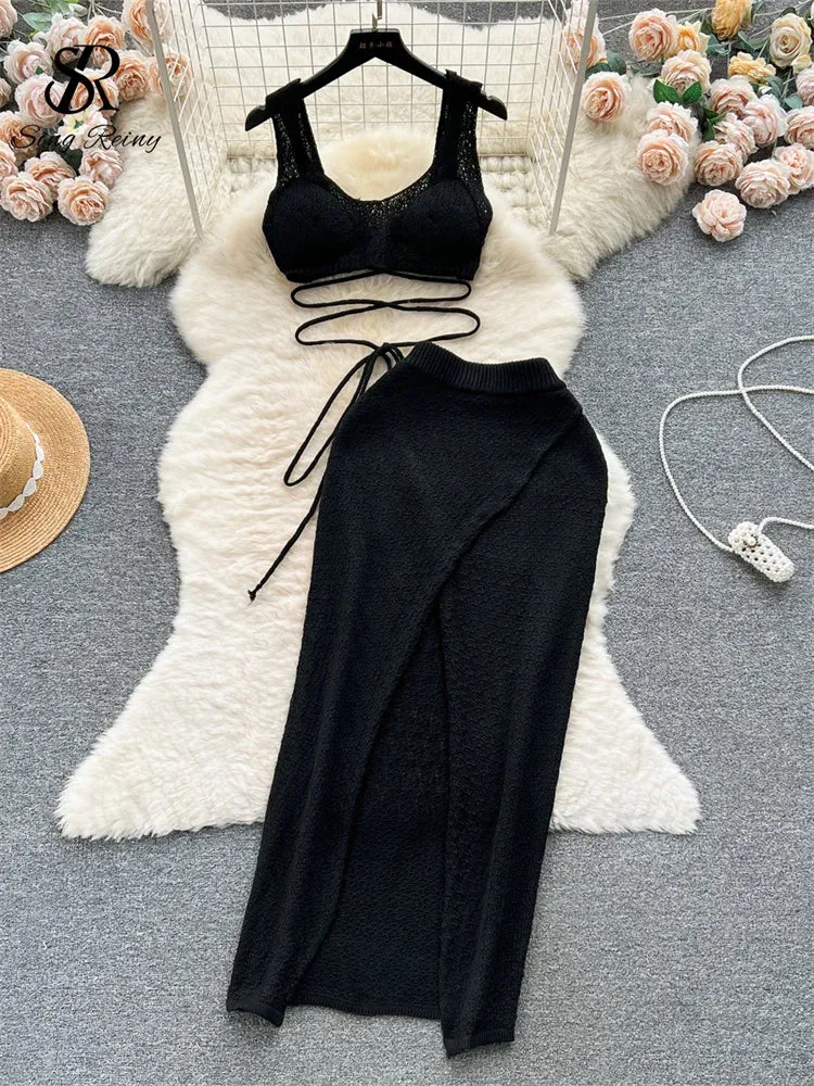 Knitted Top  Split Skirt - Two Pieces Set - multiple colors