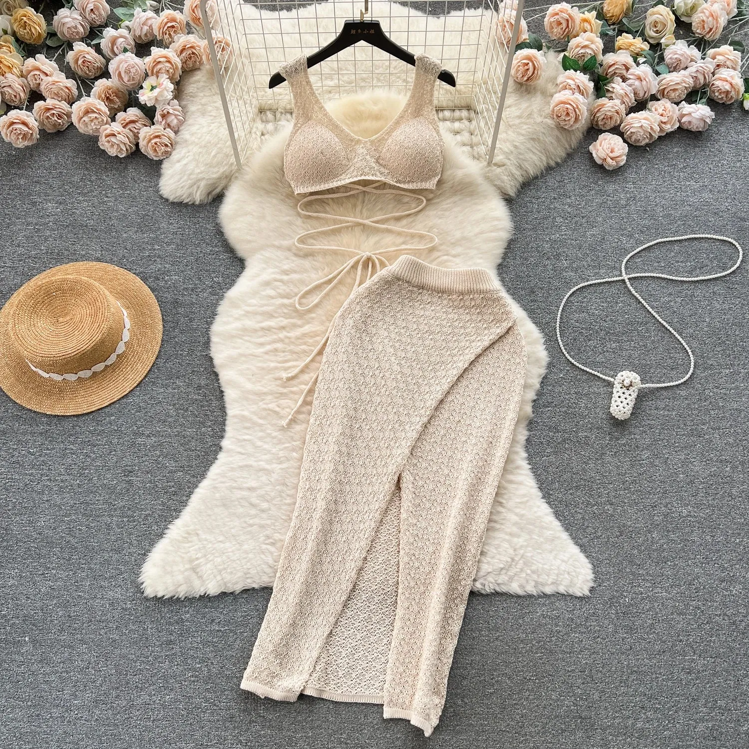 Knitted Top  Split Skirt - Two Pieces Set - multiple colors