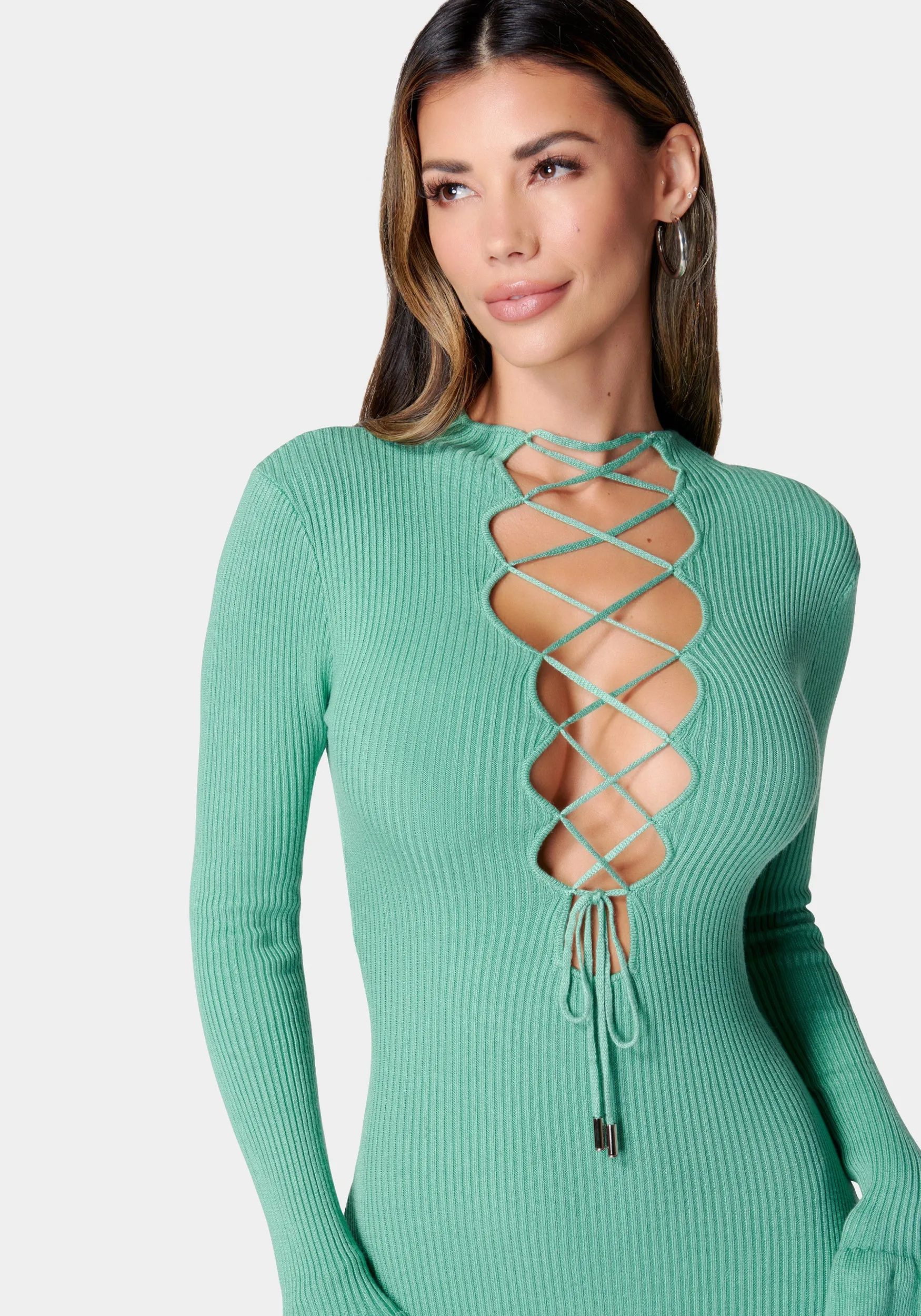 Lace-Up Front Rib Knit Mini Dress