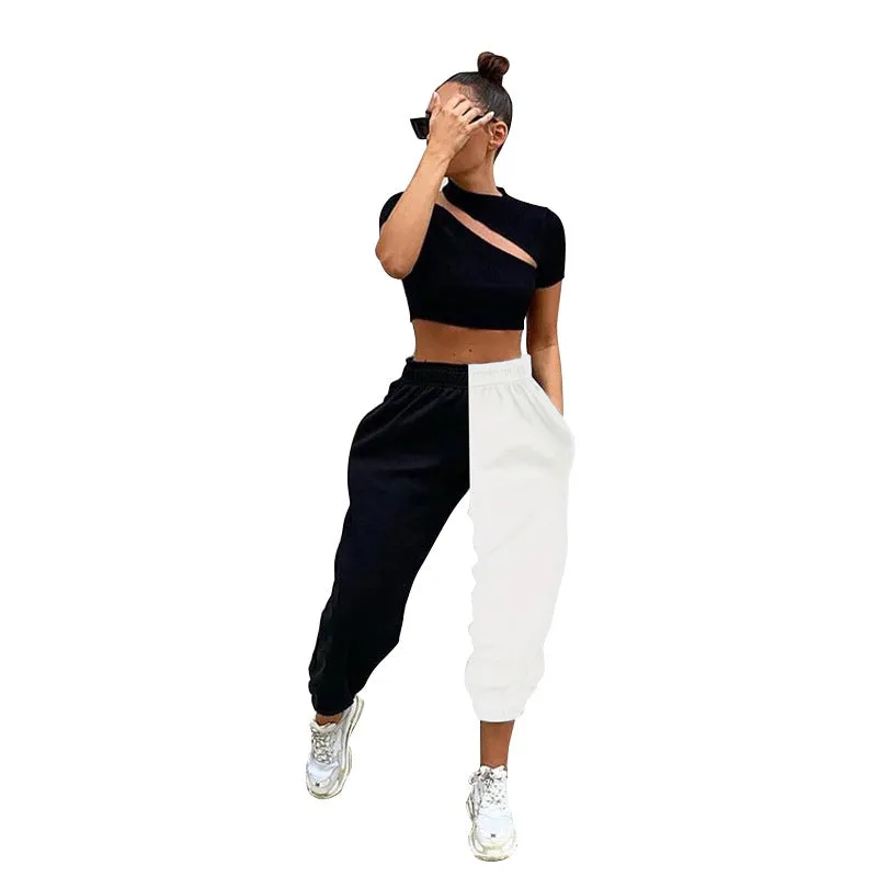 Loose Elastic Waist Loose Colorblock Pants
