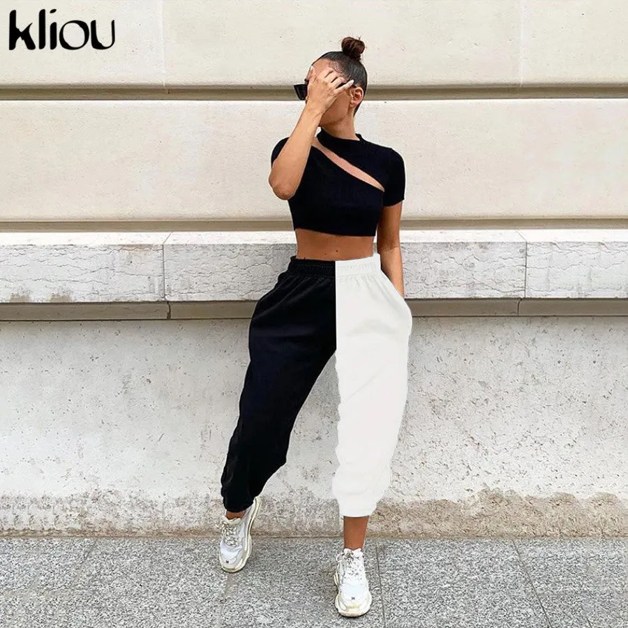 Loose Elastic Waist Loose Colorblock Pants