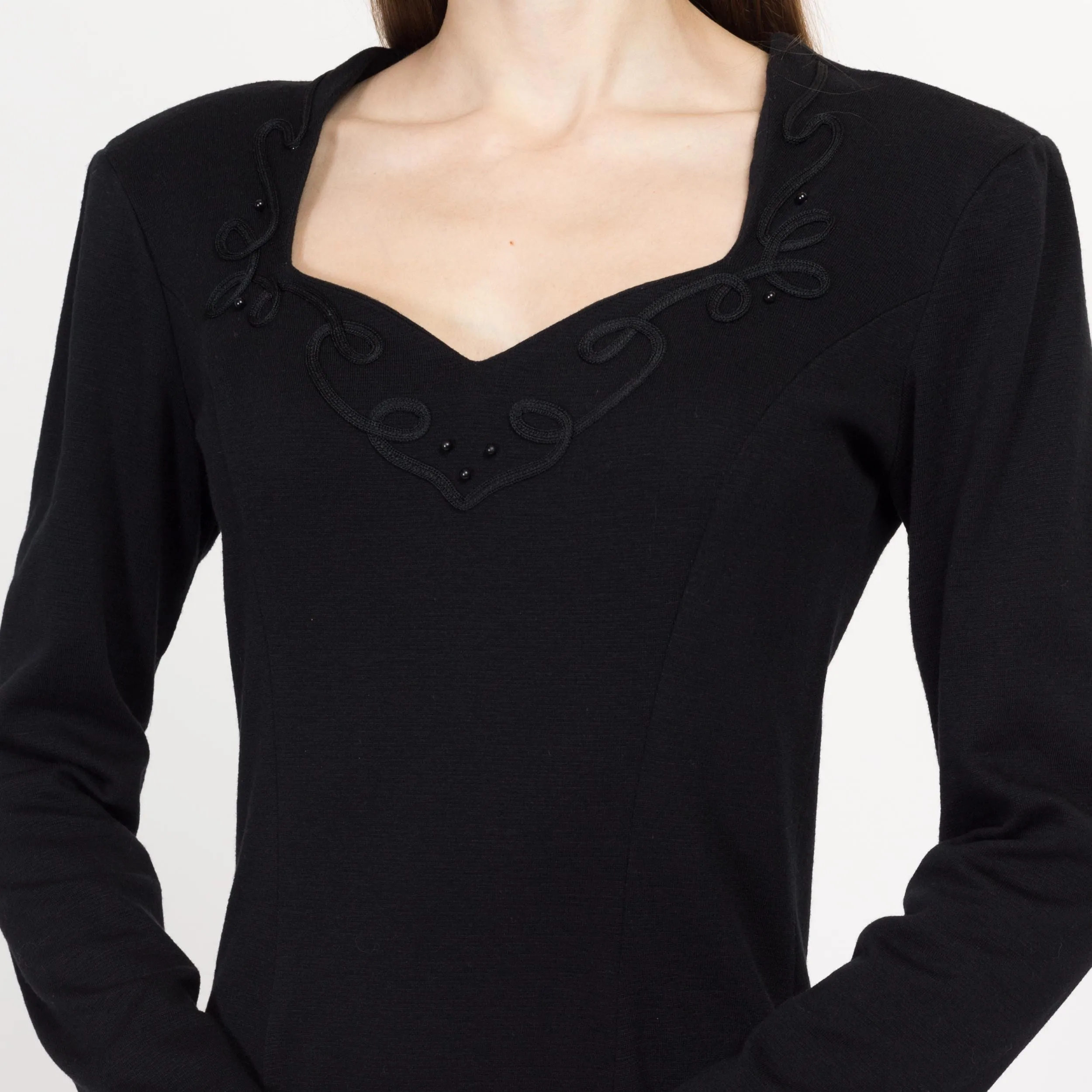 Medium 80s Black Beaded Sweetheart Neck Mini Sweater Dress