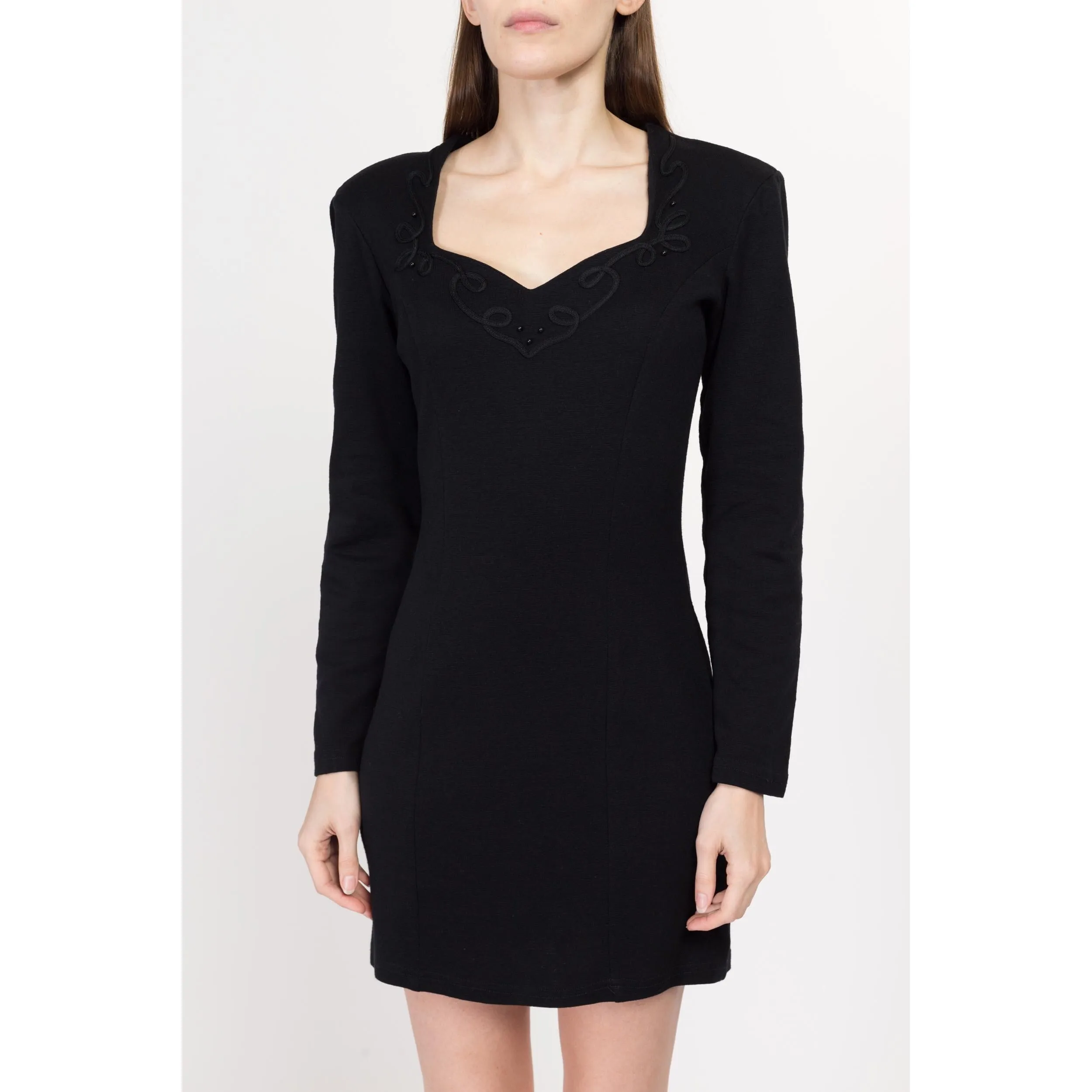 Medium 80s Black Beaded Sweetheart Neck Mini Sweater Dress