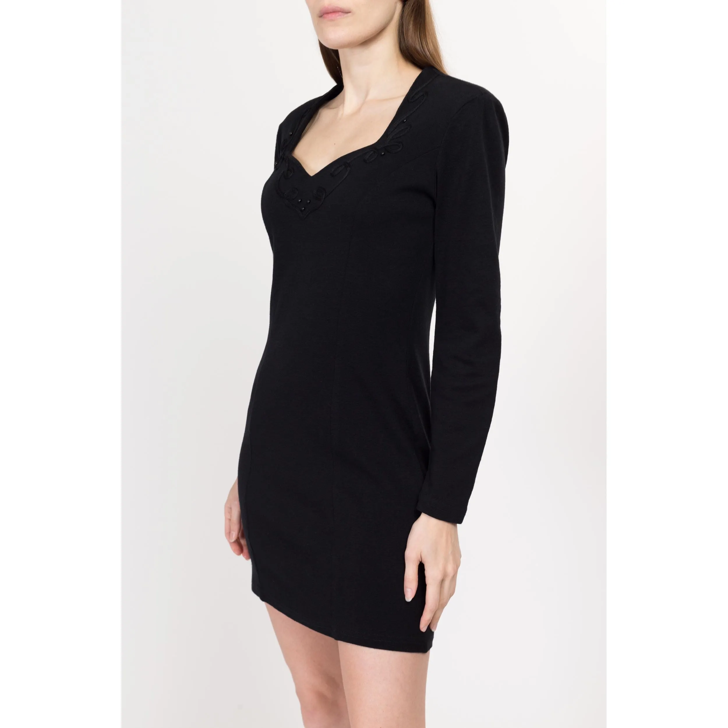Medium 80s Black Beaded Sweetheart Neck Mini Sweater Dress