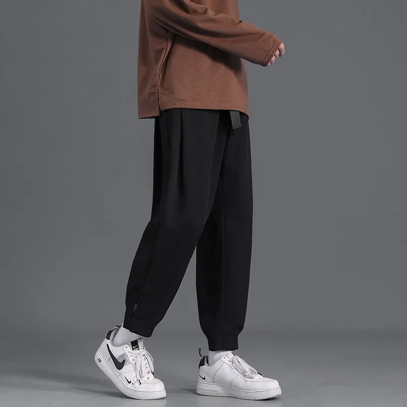 Men's Suit Pants Loose Fashion Solid Color Harem Pants Belt Design Hip Hop Male Casual Trousers New Streetwear