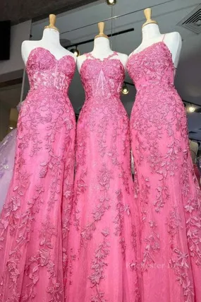 Mermaid Hot Pink Lace Long Prom Dress, Long Hot Pink Formal Graduation Evening Dress