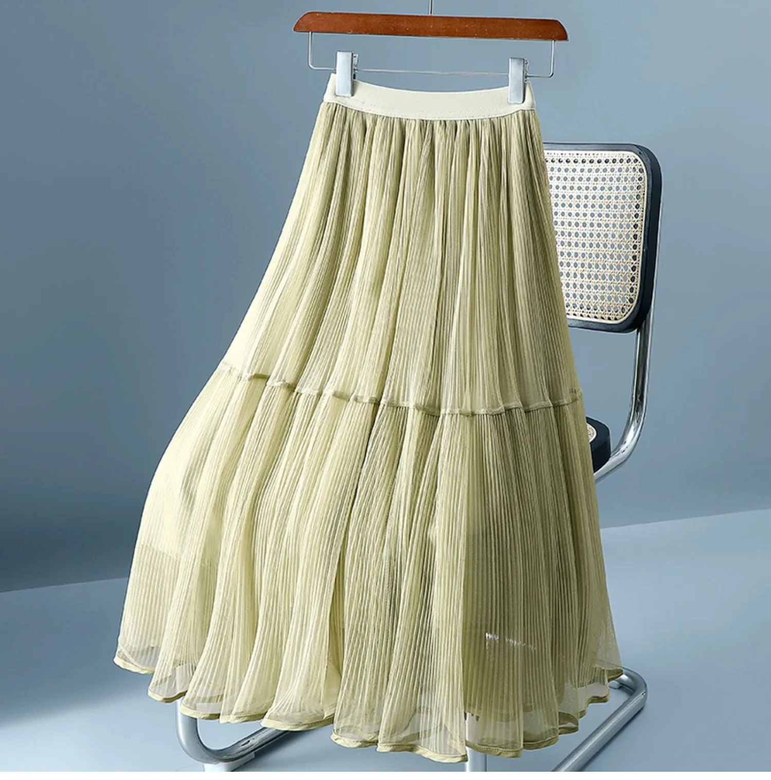 Moonlight Chiffon Skirt - Elastic High Waist Midi Half Skirt