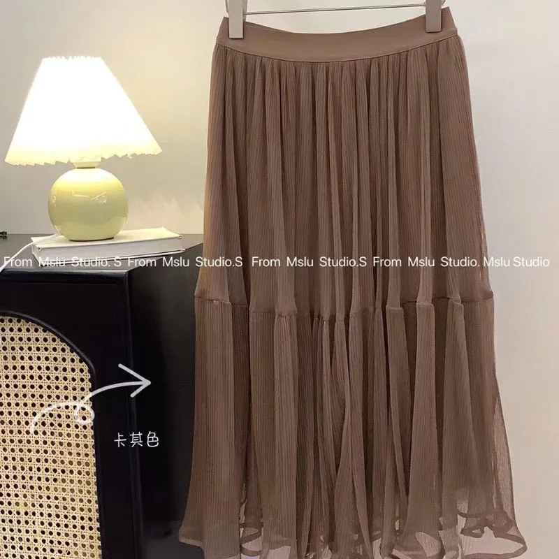Moonlight Chiffon Skirt - Elastic High Waist Midi Half Skirt