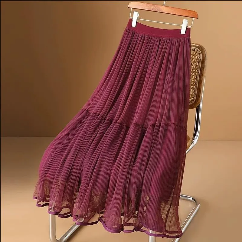 Moonlight Chiffon Skirt - Elastic High Waist Midi Half Skirt
