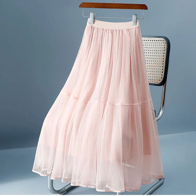 Moonlight Chiffon Skirt - Elastic High Waist Midi Half Skirt