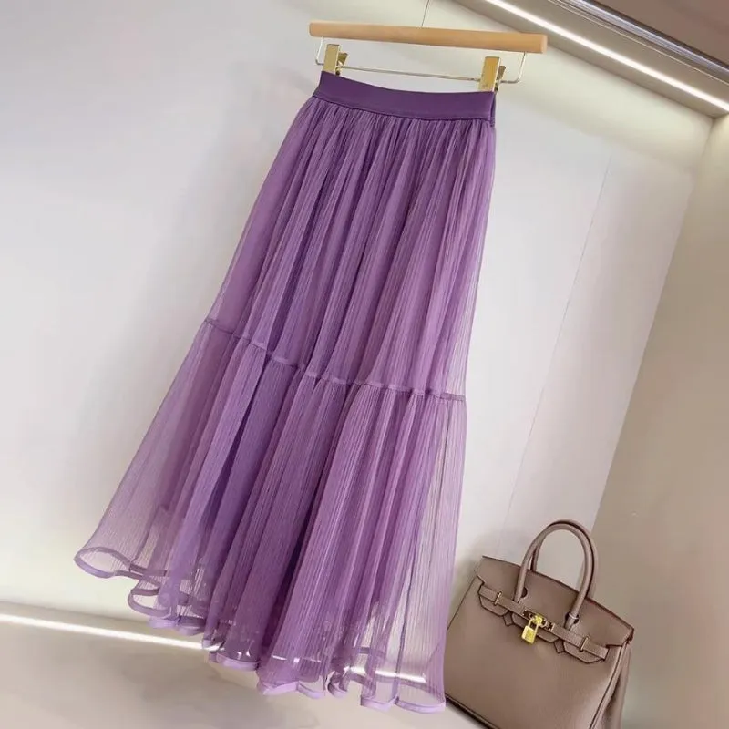Moonlight Chiffon Skirt - Elastic High Waist Midi Half Skirt