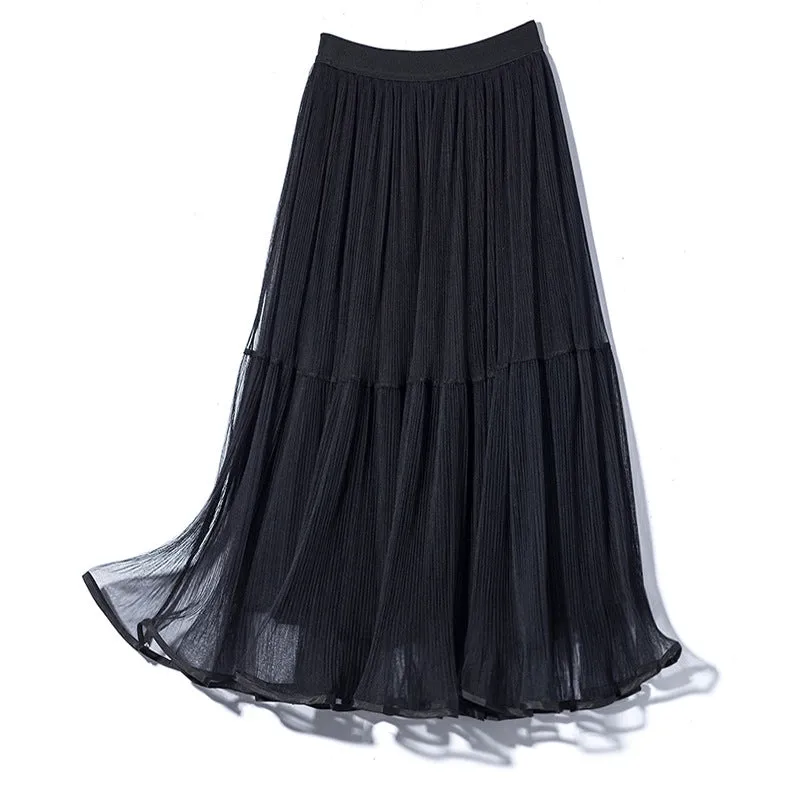 Moonlight Chiffon Skirt - Elastic High Waist Midi Half Skirt