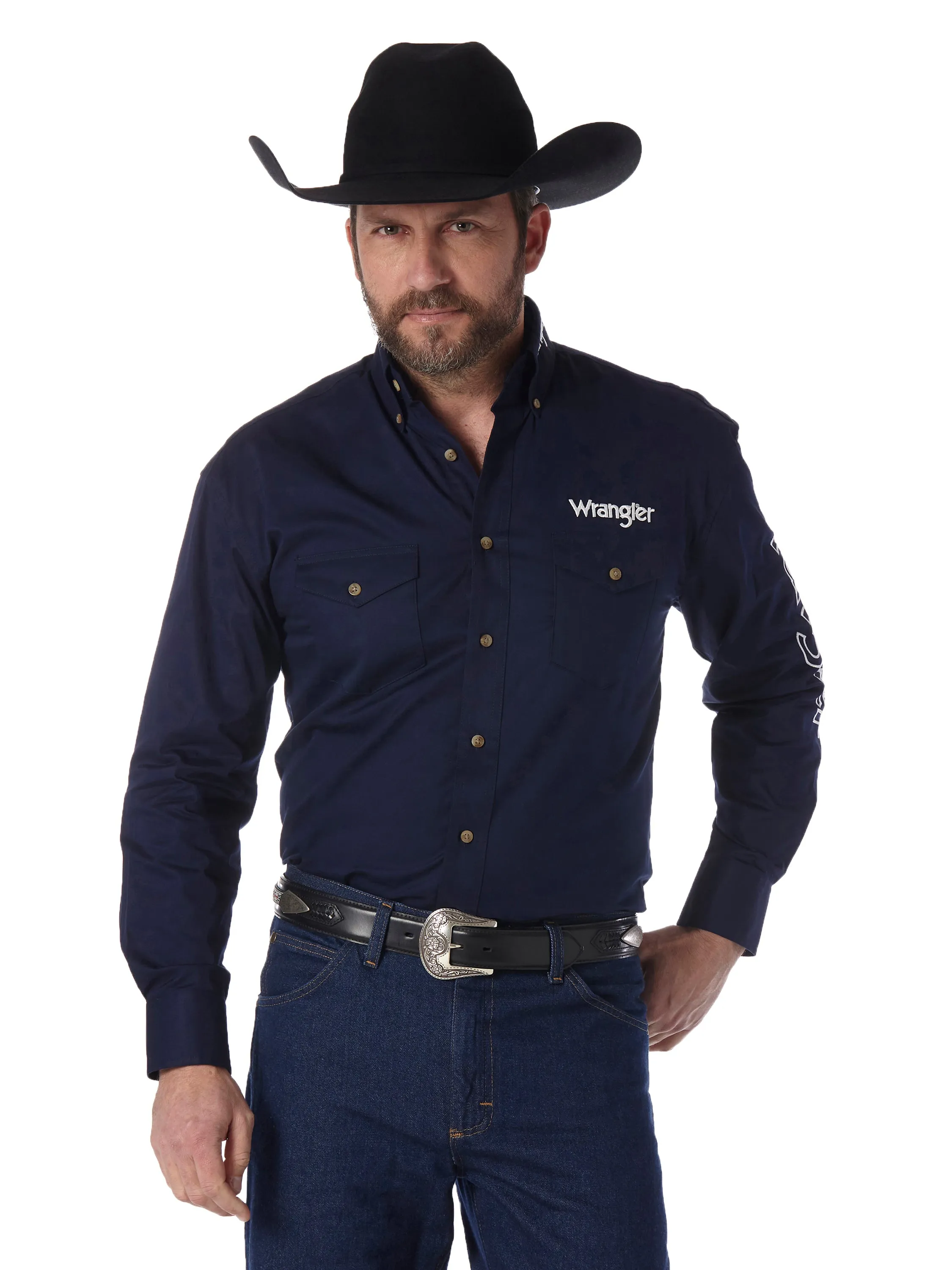 MP2327N Men's Navy and White Logo Solid Button Down Shirt by Wrangler
