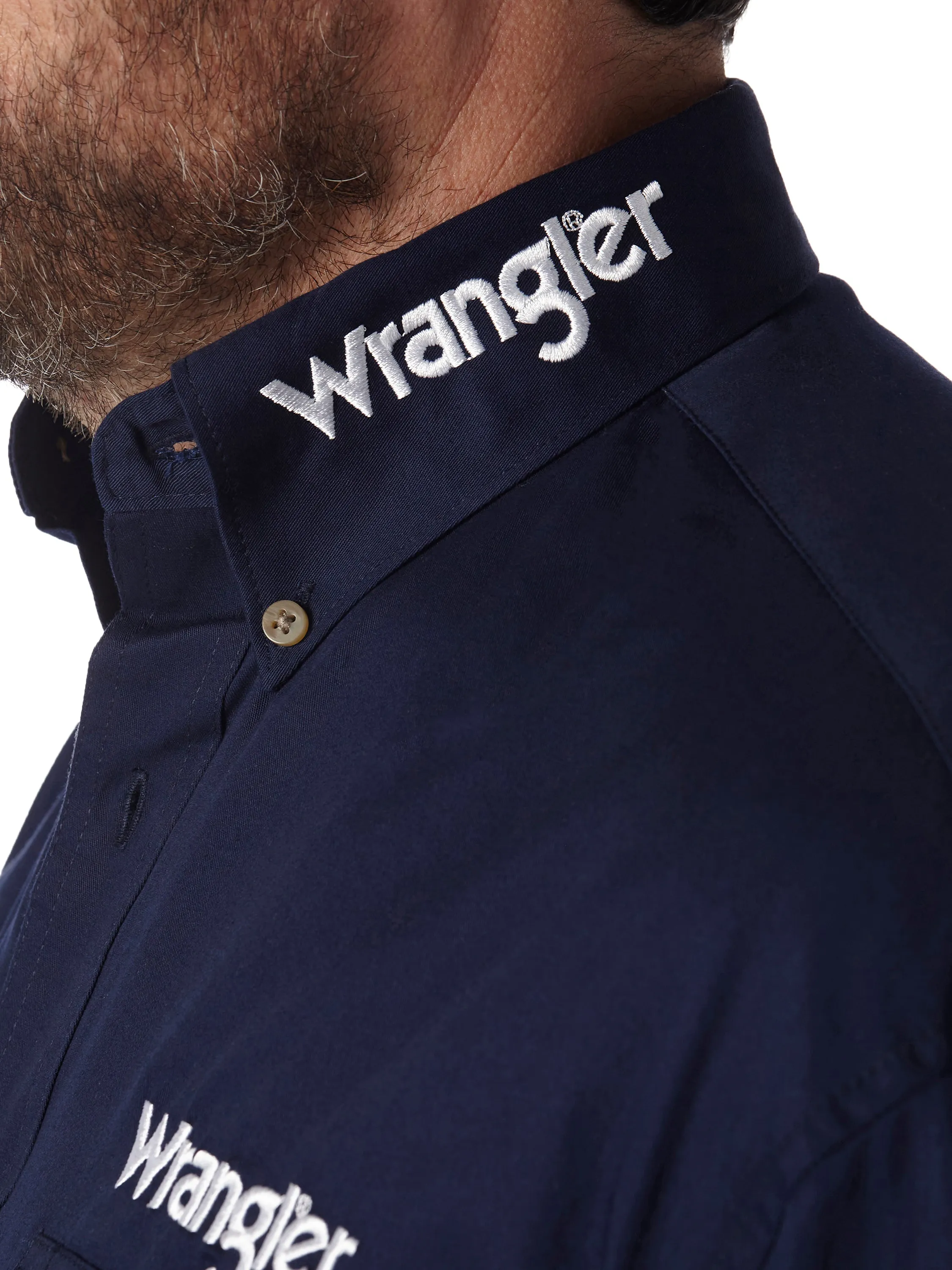 MP2327N Men's Navy and White Logo Solid Button Down Shirt by Wrangler