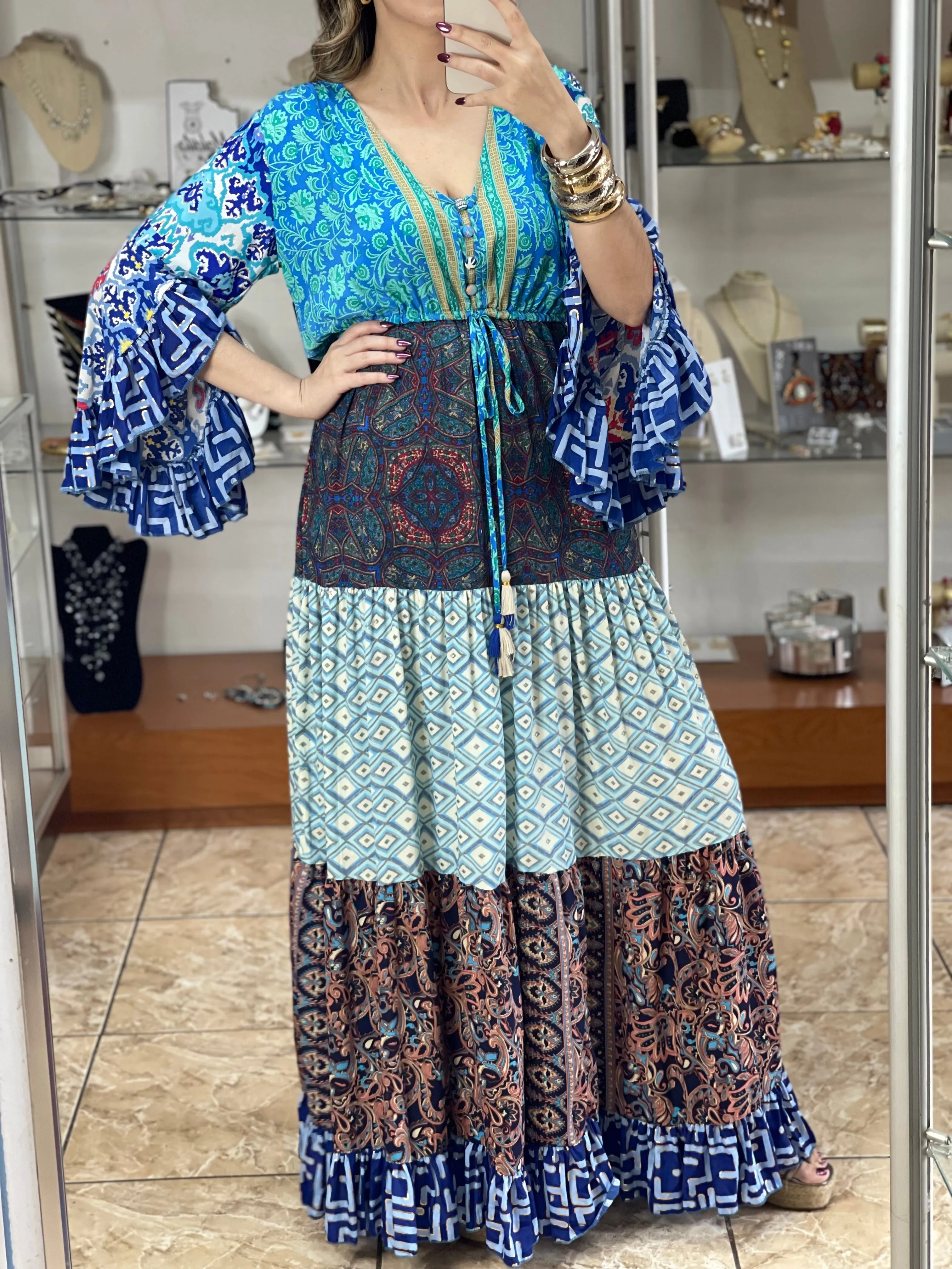 Multi Color Patches Maxi Boho Dress
