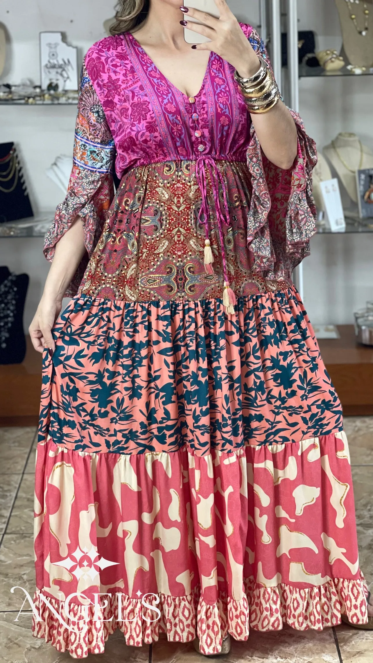 Multi Color Patches Maxi Boho Dress