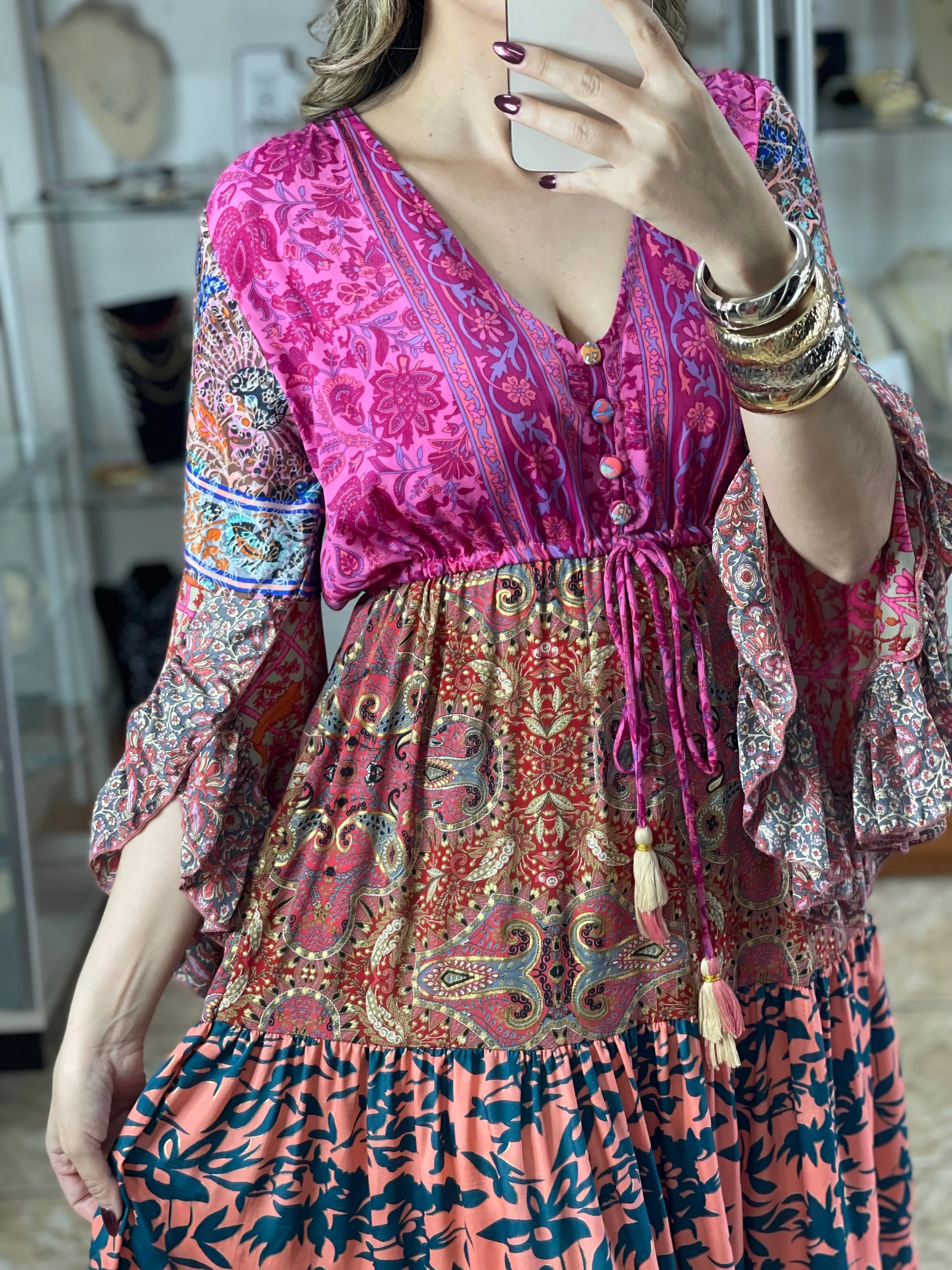 Multi Color Patches Maxi Boho Dress