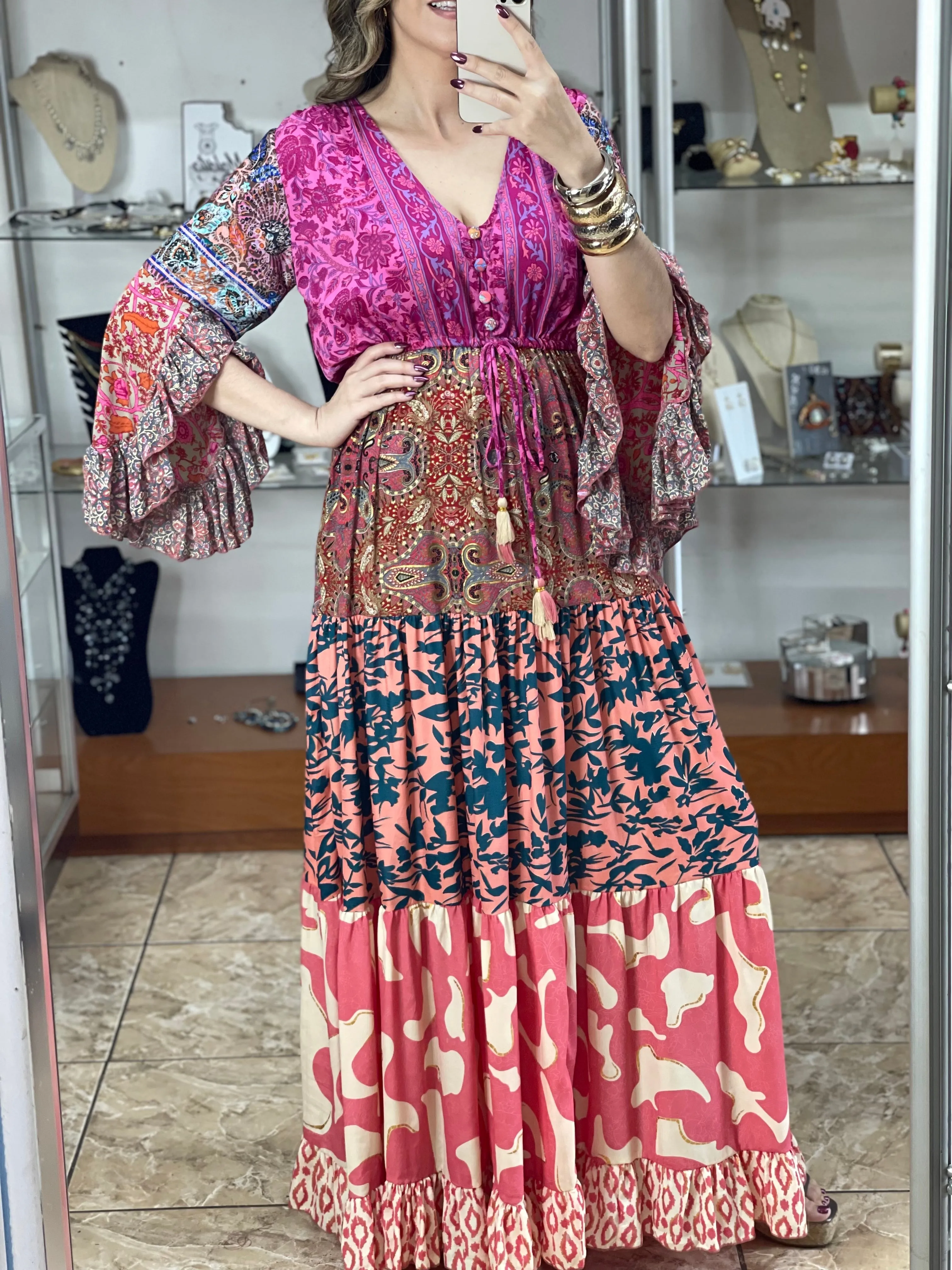 Multi Color Patches Maxi Boho Dress