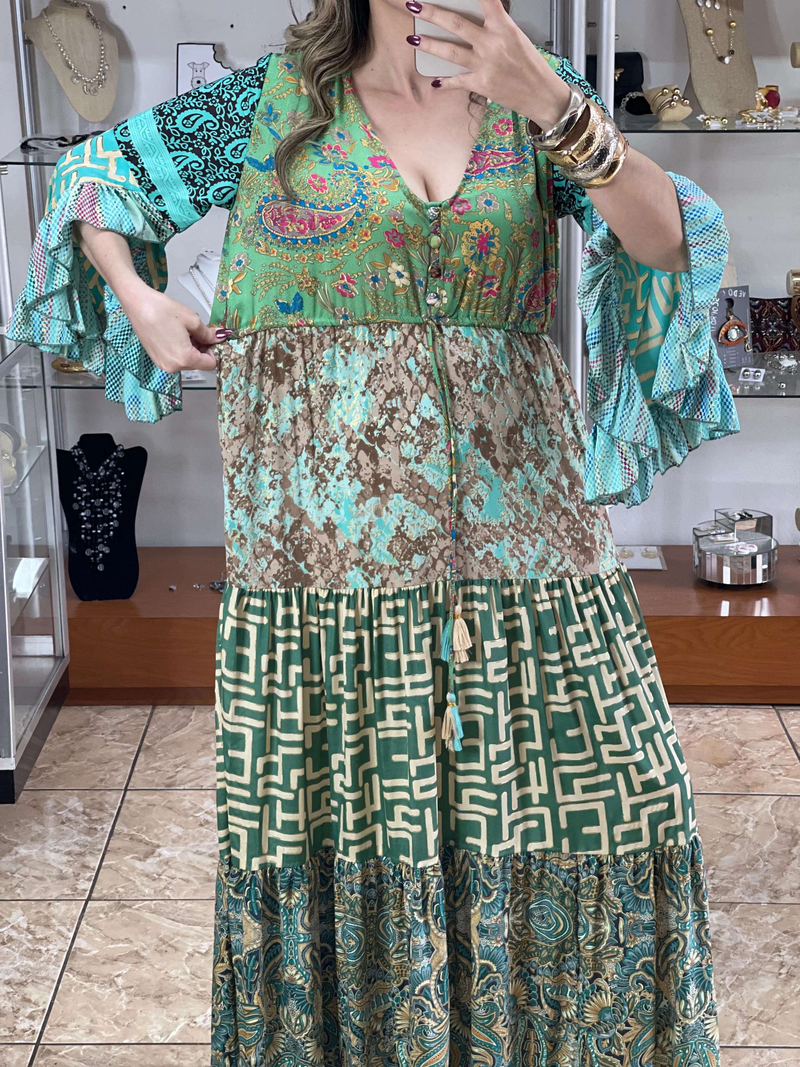 Multi Color Patches Maxi Boho Dress