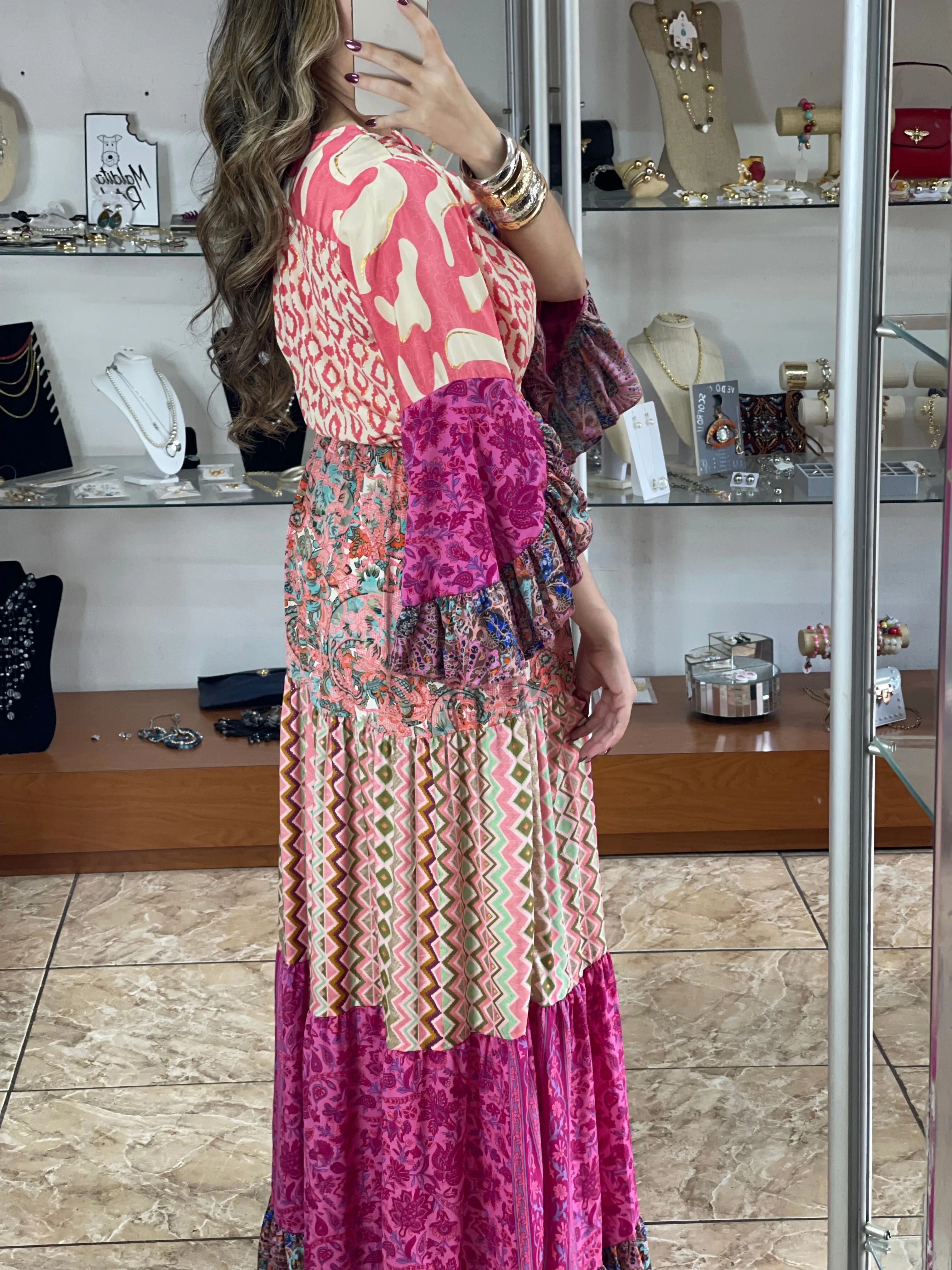 Multi Color Patches Maxi Boho Dress