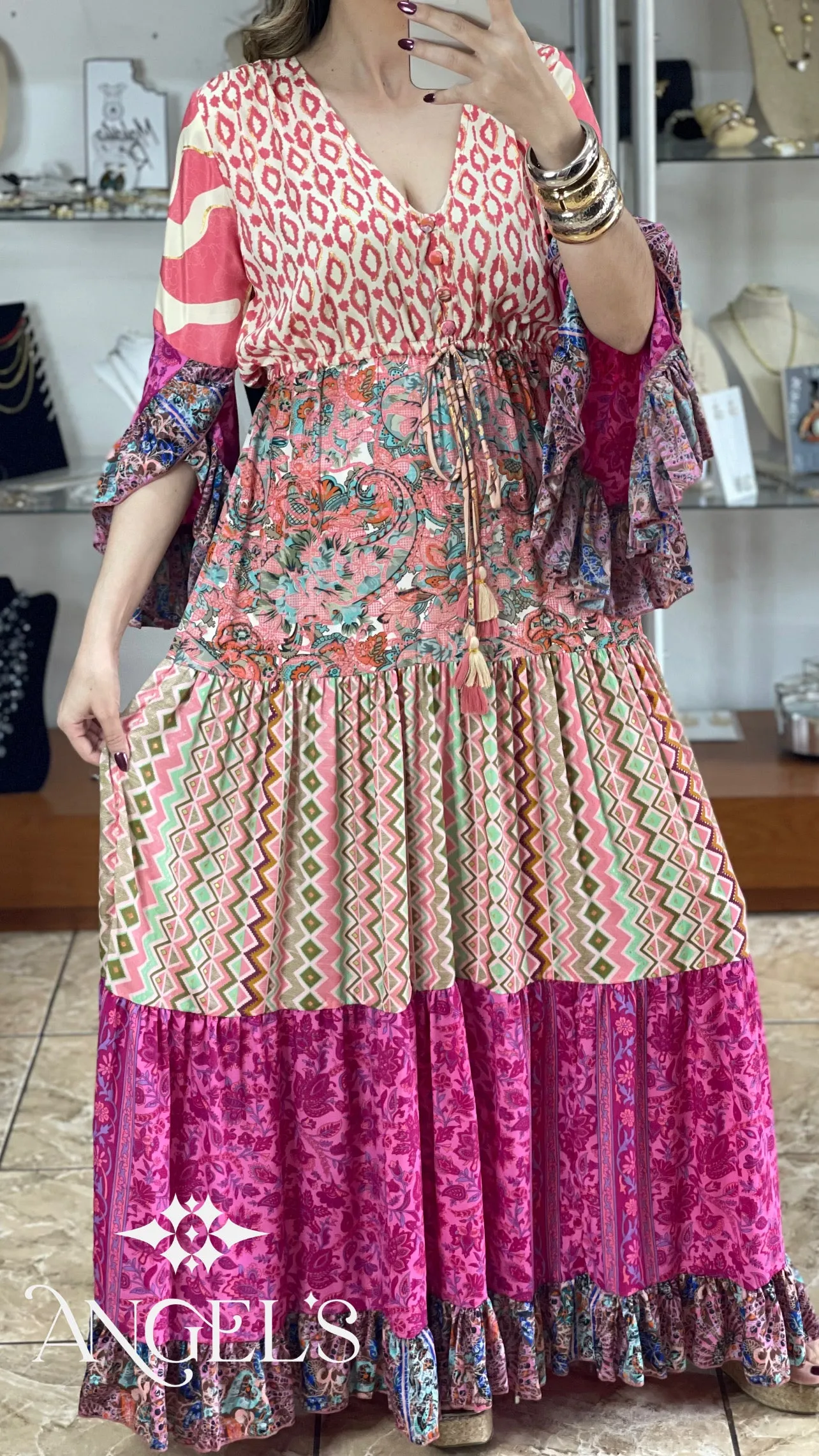 Multi Color Patches Maxi Boho Dress