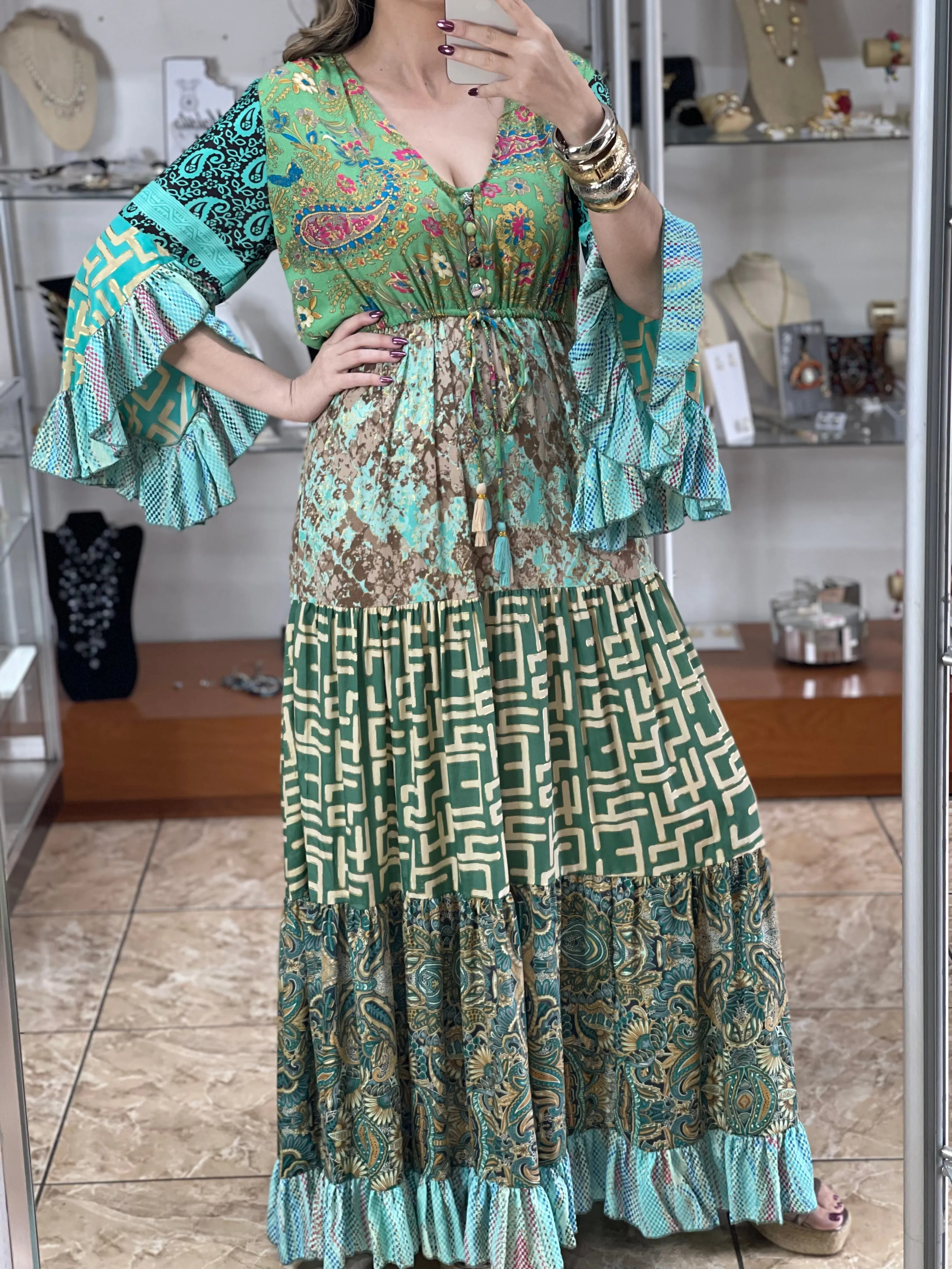 Multi Color Patches Maxi Boho Dress