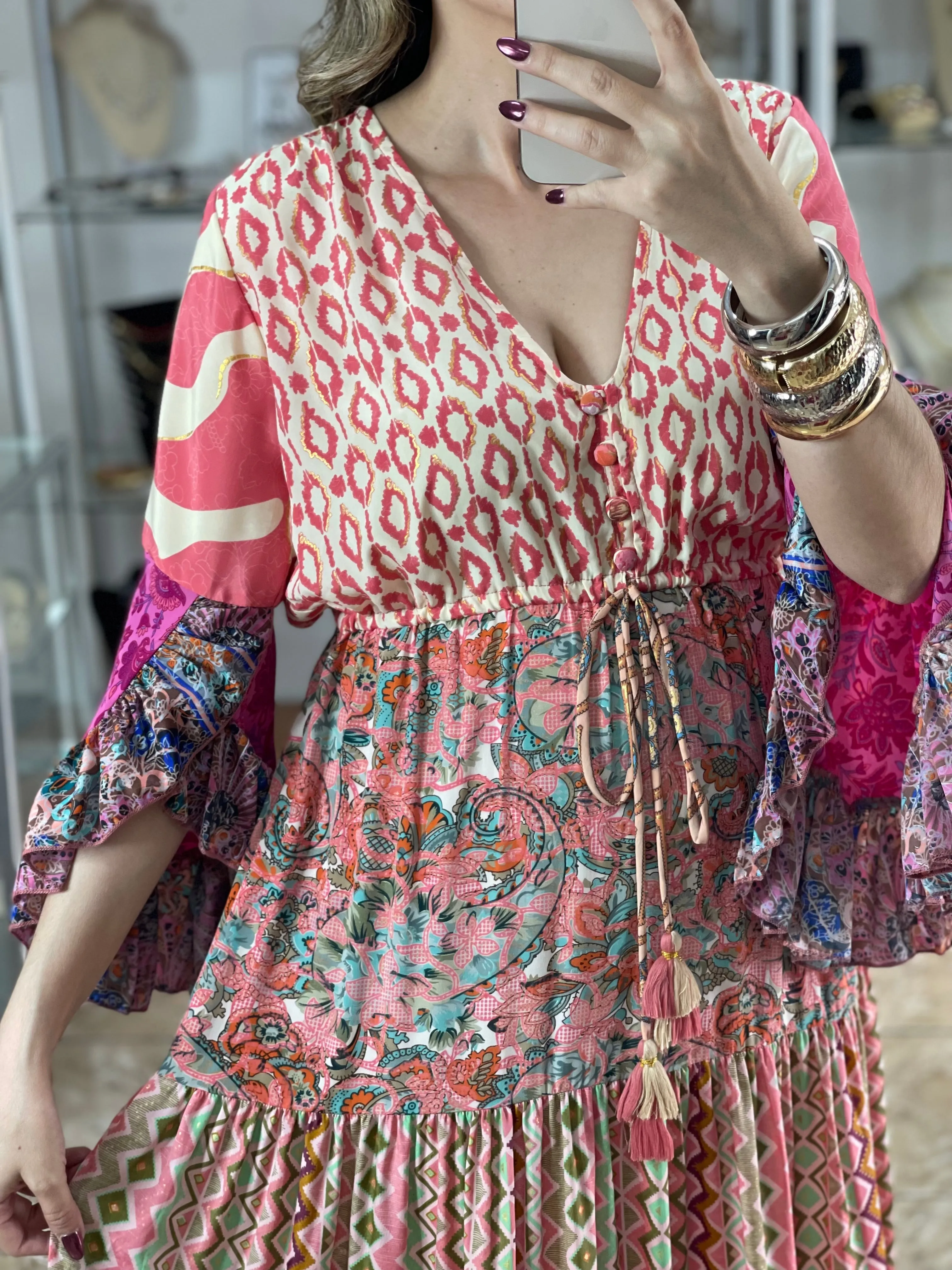Multi Color Patches Maxi Boho Dress