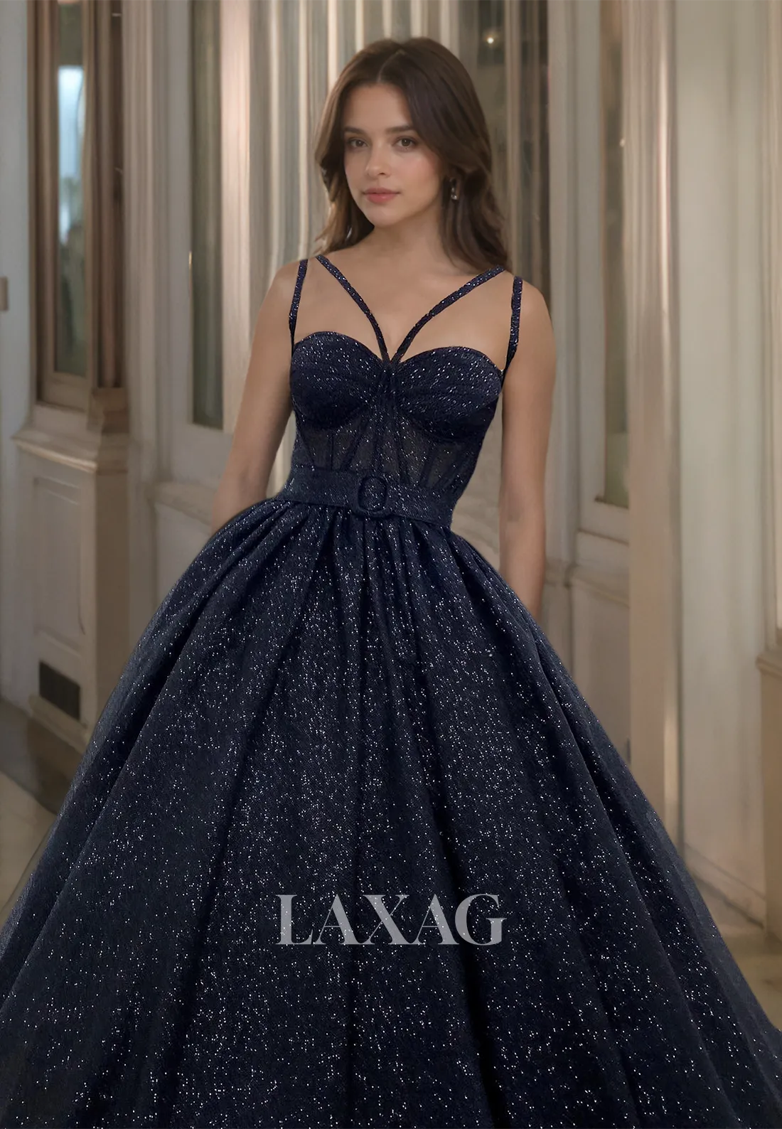 Ornate Spaghetti Straps Sweetheart A-Line Prom Dress Glitter-Knit Beaded Cutout Formal Gowns