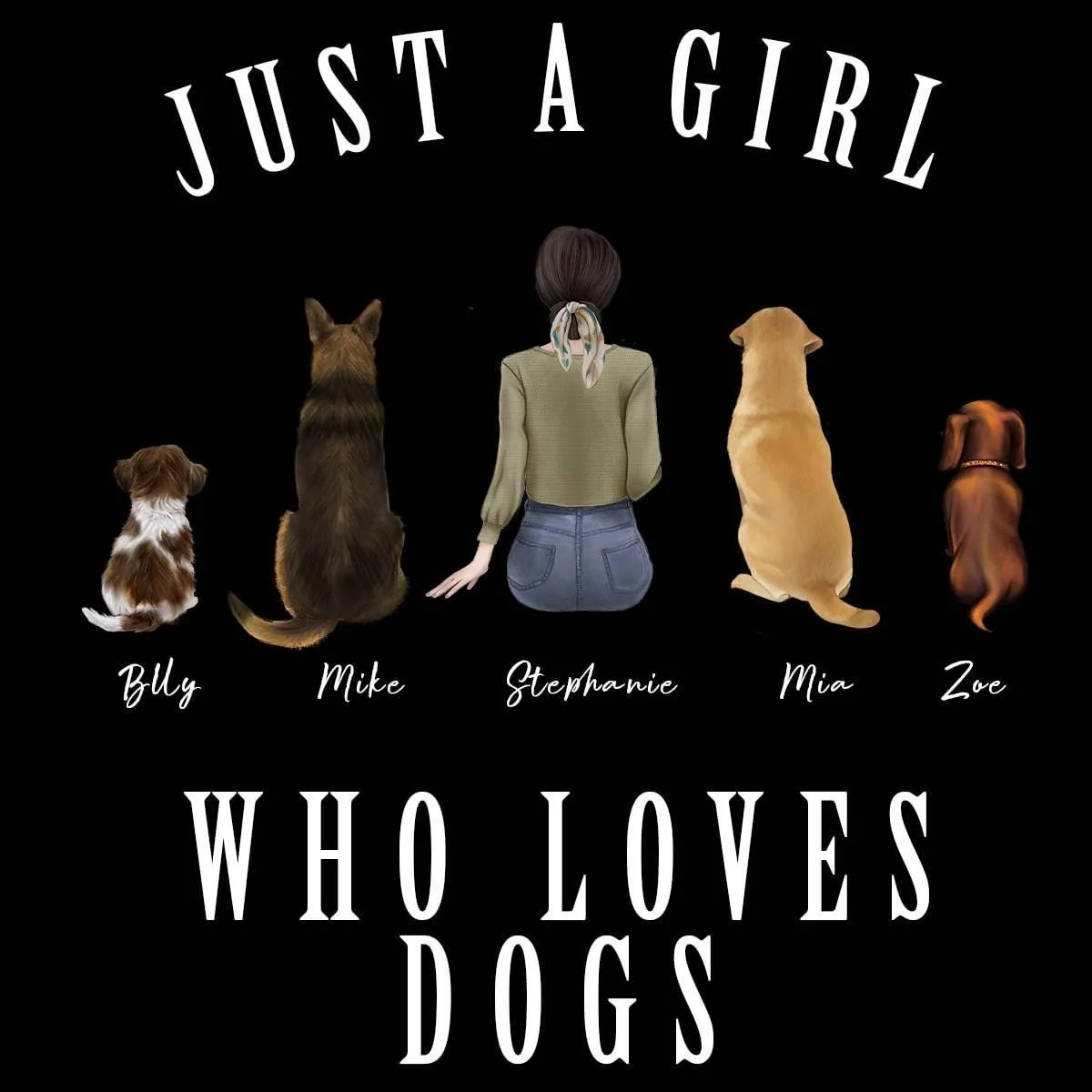 Personalized Girl Who Loves Dogs Black T-Shirt