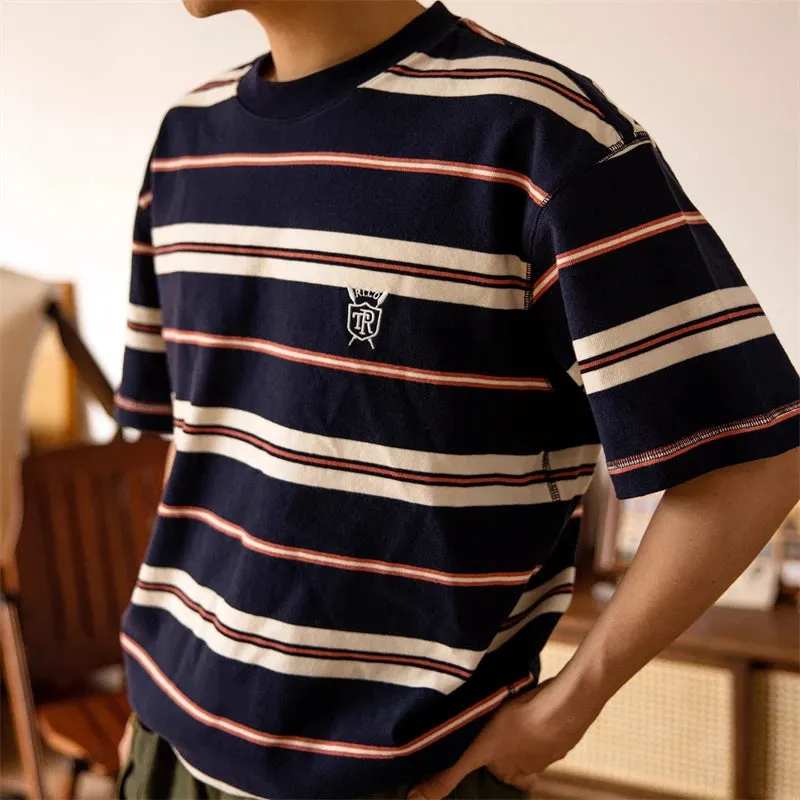 Preppy Striped T-shirt Ivy League Style Men Short Sleeve Tee