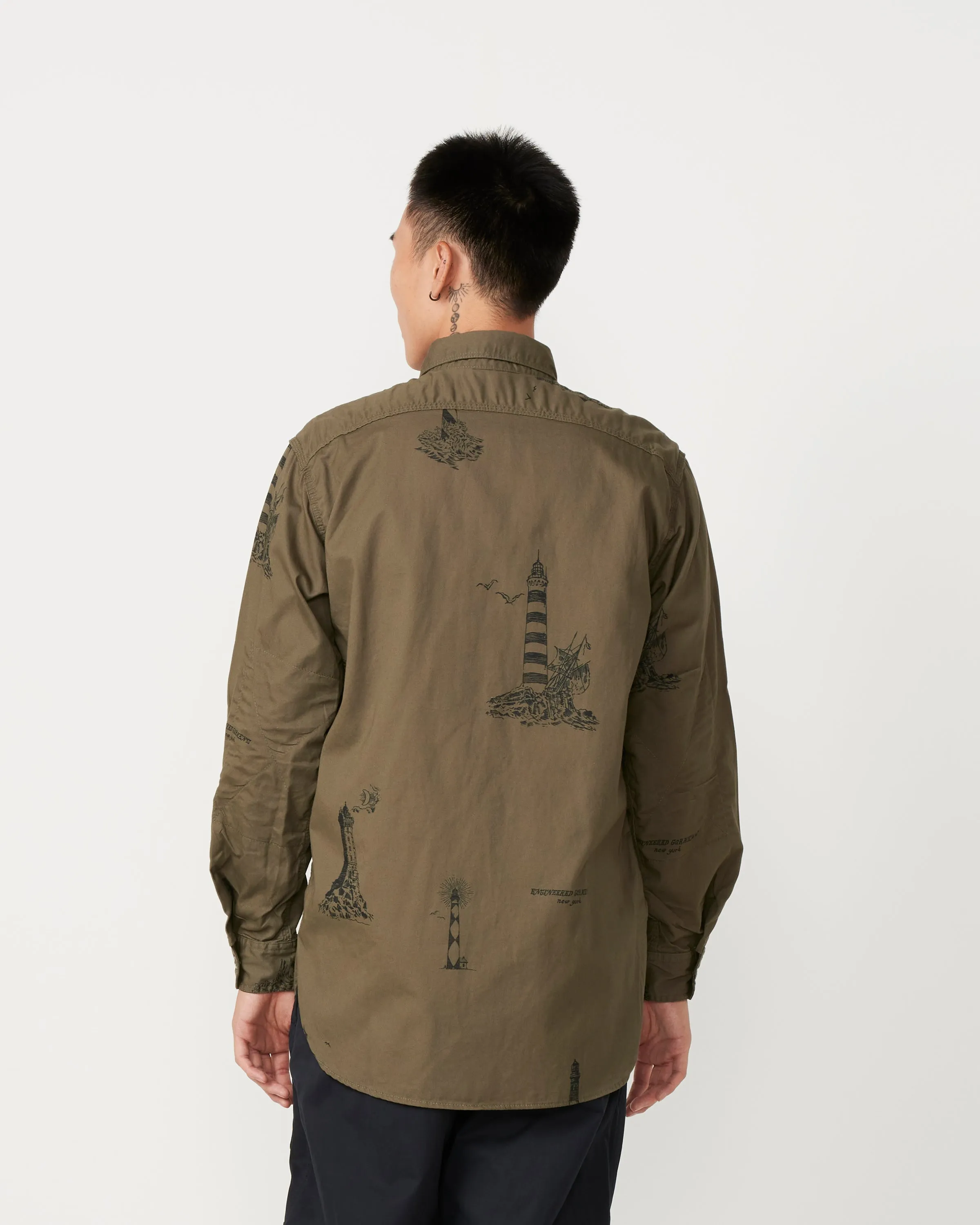Printed Sanded Twill Work Shirt in Olive
