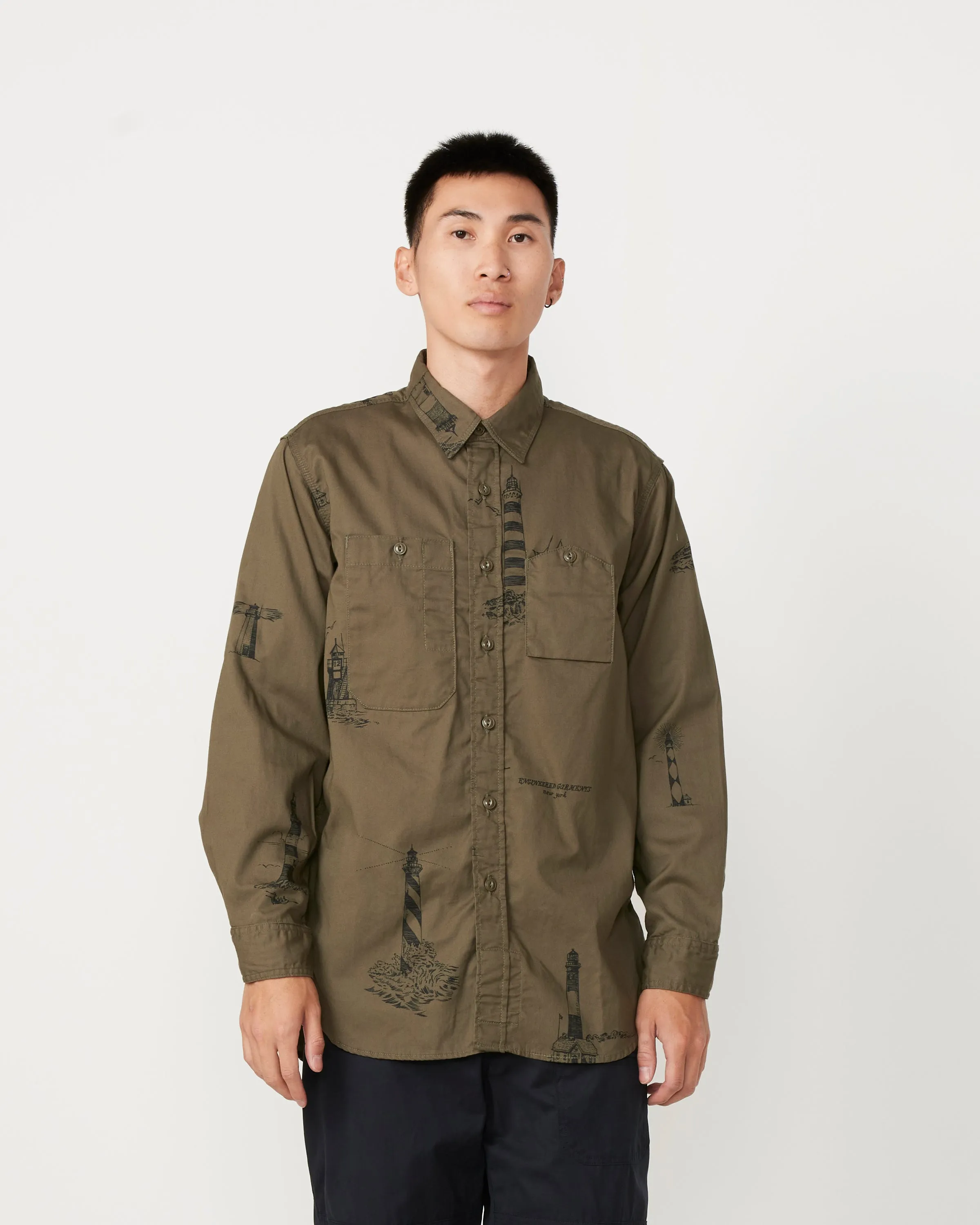 Printed Sanded Twill Work Shirt in Olive