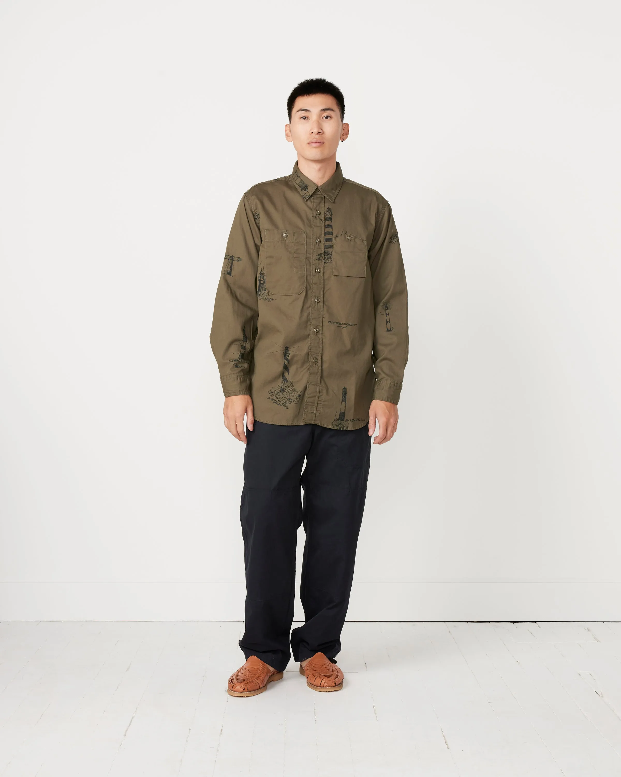 Printed Sanded Twill Work Shirt in Olive