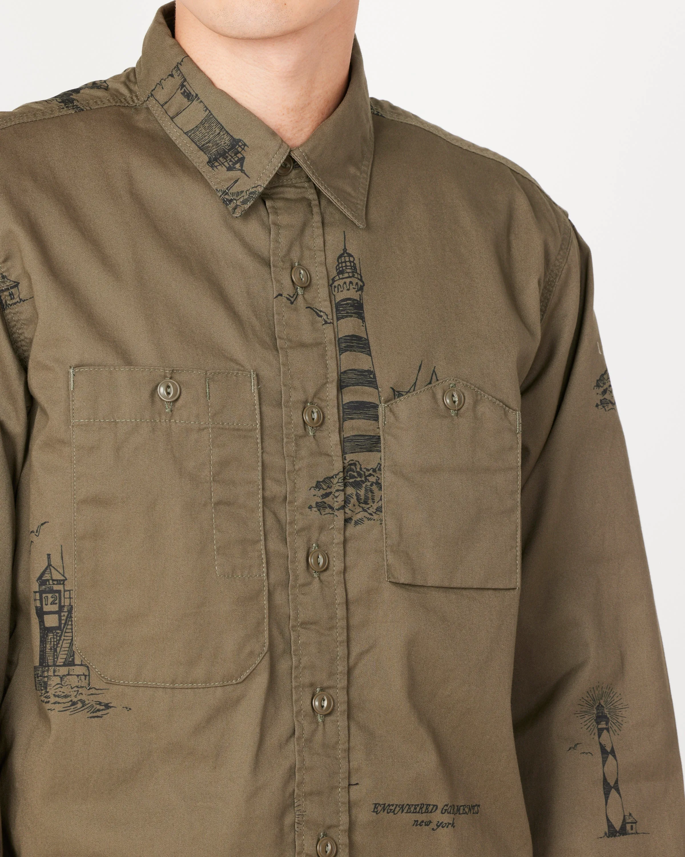 Printed Sanded Twill Work Shirt in Olive