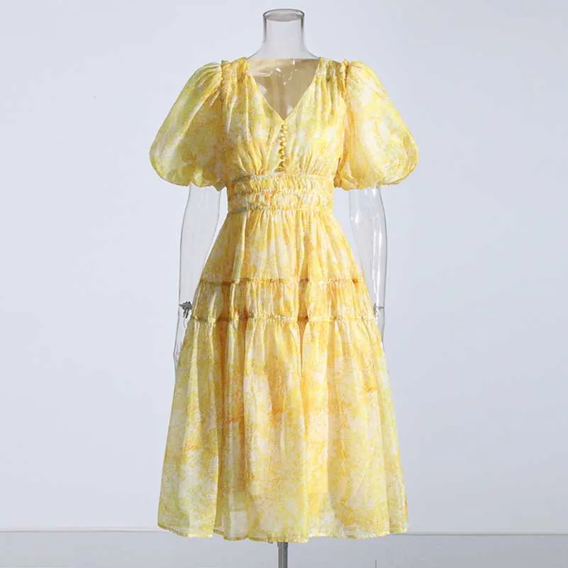 Puff Sleeve Midi Dress Yellow