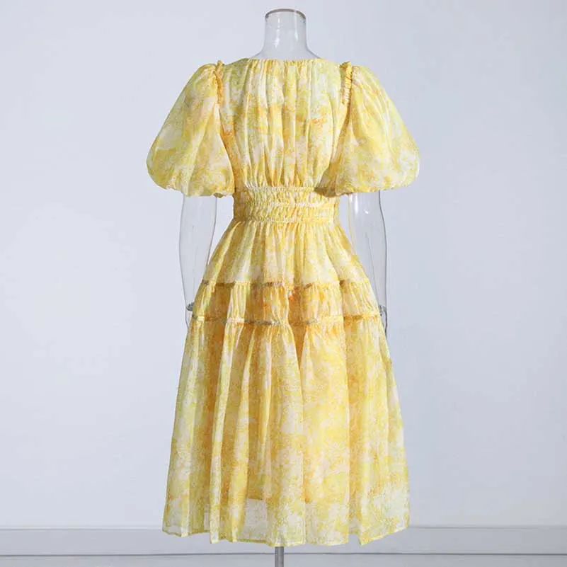 Puff Sleeve Midi Dress Yellow