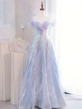 Purple Off Shoulder Tulle Sequin Long Prom Dress, Purple Formal Dress