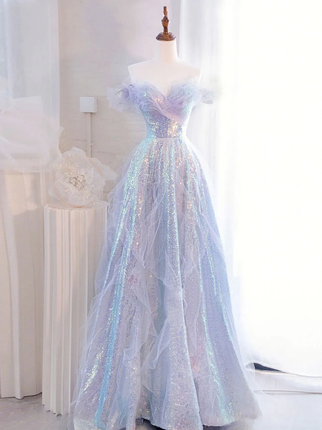 Purple Off Shoulder Tulle Sequin Long Prom Dress, Purple Formal Dress